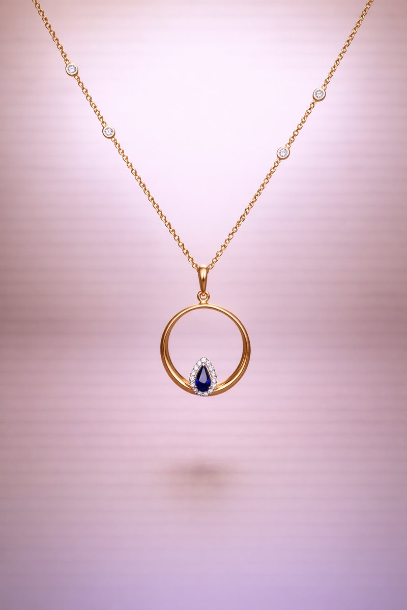 14K Gold Sapphire & Diamond Circle Necklace
